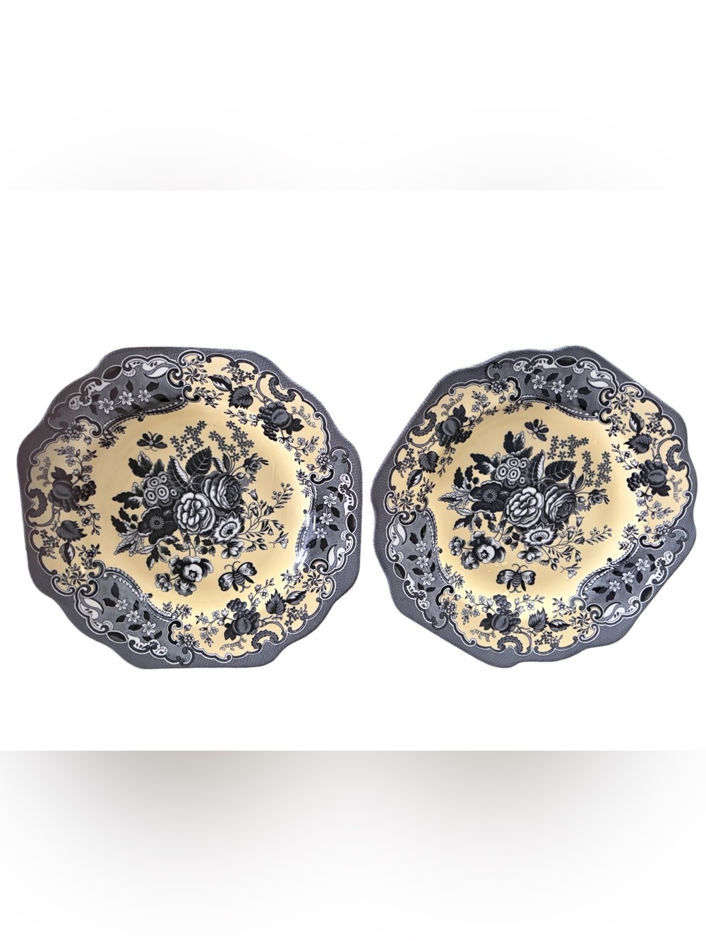 Spode Archive Collection Yellow & Black “Blue Rose” Scalloped 9” Plate Pair